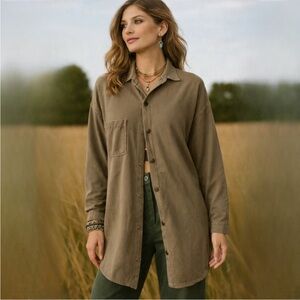 Vtg 1980’s Hot Cotton Taupe Long Sleeve Snap Down Cotton Top Shirt Shacket  Med